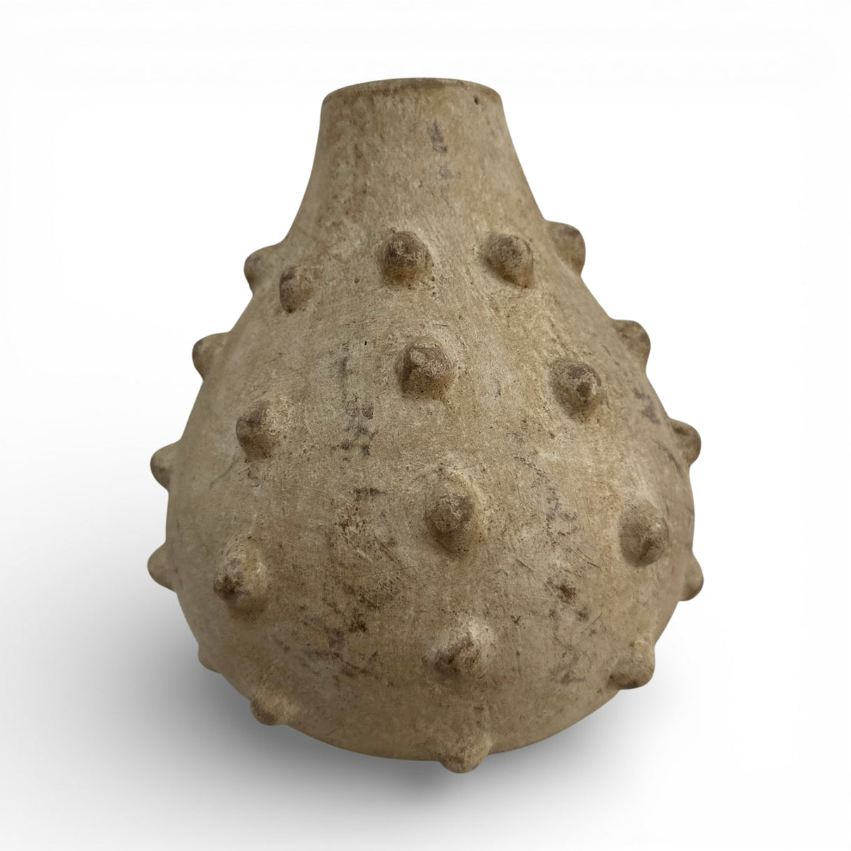 Textured stoneware bobble vase in a natural sand finish with a rounded organic silhouette, raised sculptural bobble detailing, and a tapered neck. A handcrafted decorative vase that brings warmth, texture, and contemporary style to shelves, consoles, coffee tables, or display cabinets.