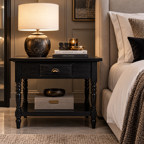 A black wooden nightstand in a styled bedroom setting, featuring a lit table lamp, decorative books, and a candle on top, with a storage box on the lower shelf. The nightstand is positioned next to a bed with white linens and a textured throw blanket.