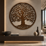 Large circular wooden wall art featuring a carved tree of life design, mounted on a beige wall above a dark console table in a modern interior setting.