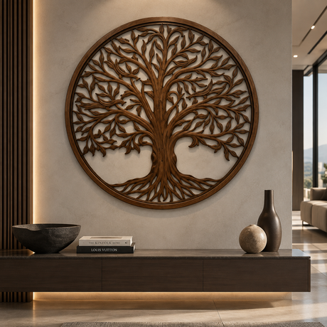 Large circular wooden wall art featuring a carved tree of life design, mounted on a beige wall above a dark console table in a modern interior setting.
