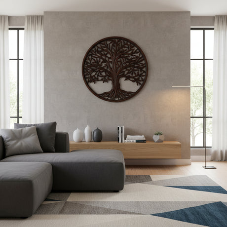 Round decorative Tree of Life wall art crafted from carved wood with a rich dark finish, featuring intricate branch and root detailing, perfect for adding a natural, elegant focal point to living rooms, bedrooms, offices, or entryways.