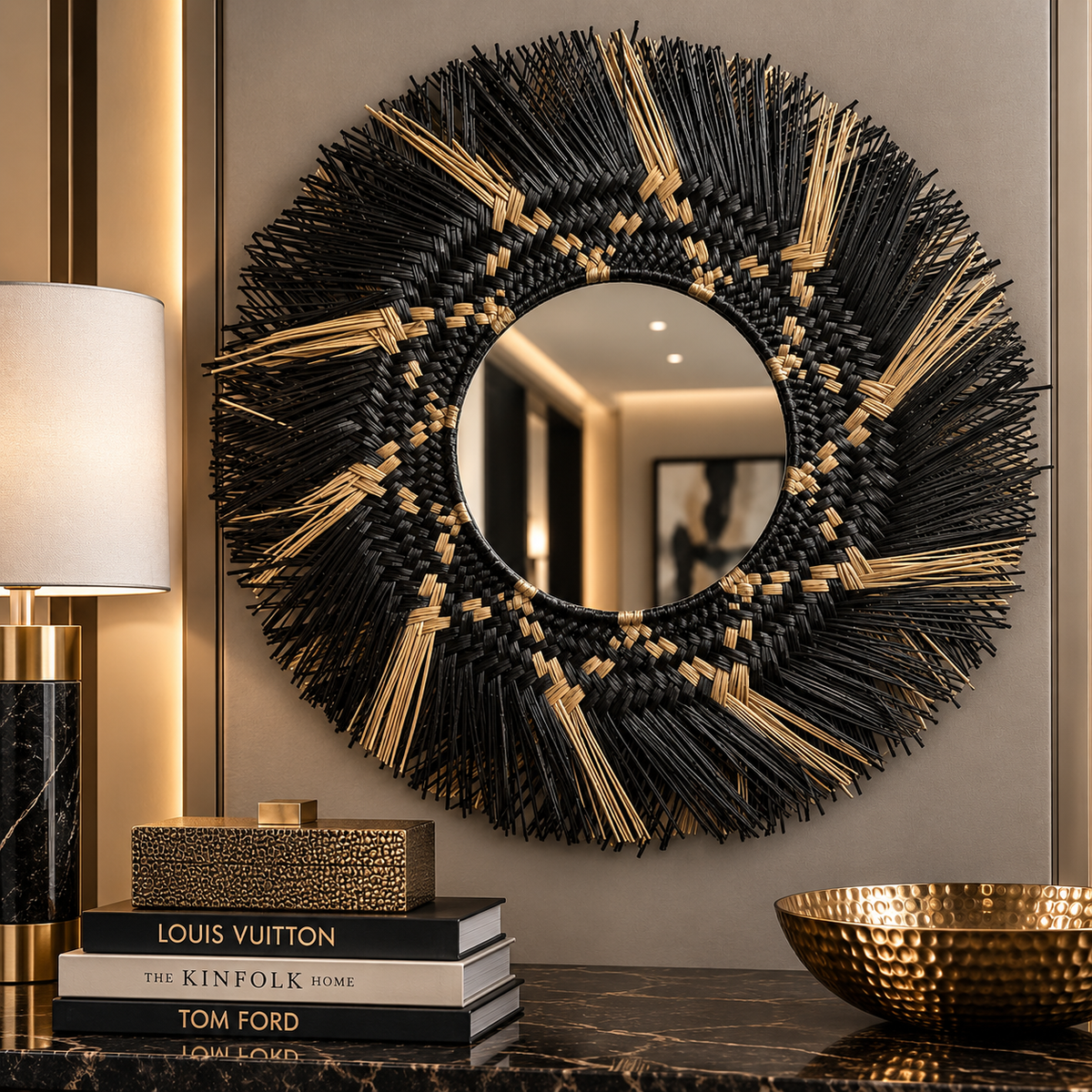 A round decorative wall mirror with a wide black and gold woven sunburst frame, displayed on a dark marble console against a beige wall with a lamp and books nearby.