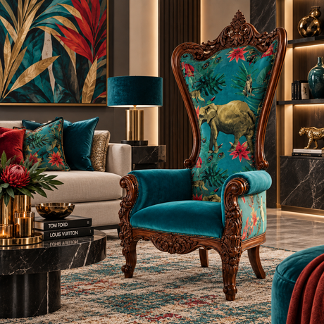An ornate high-back accent chair with carved dark wood framing and teal velvet upholstery, featuring a tropical animal and floral print on the backrest, shown in a styled living room setting.