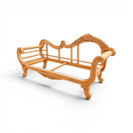 Luxurious hand-carved solid wood daybed frame featuring an ornate floral crest, elegant scroll arms, decorative apron detailing, and cabriole legs. A timeless statement piece for classic, French-inspired, and luxury interiors.