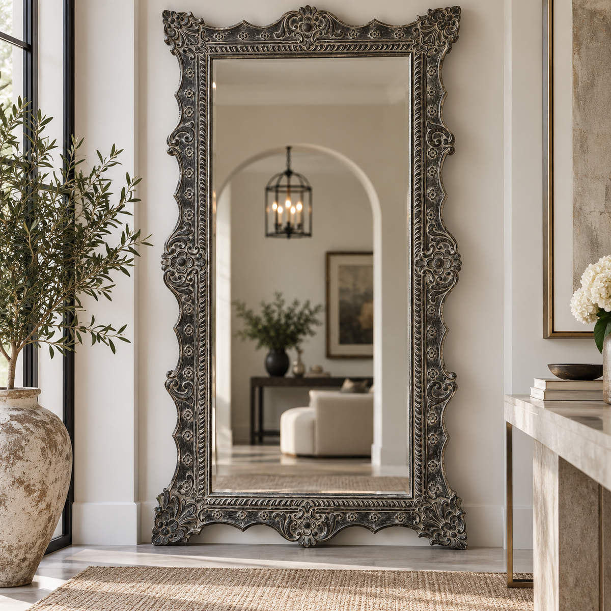 An ornate full-length floor mirror with a heavily carved, distressed silver-gray frame stands in a bright, modern entryway. The reflection shows a softly lit living room with an arched doorway, while the surrounding space features a large textured vase with greenery on the left and a marble console on the right.