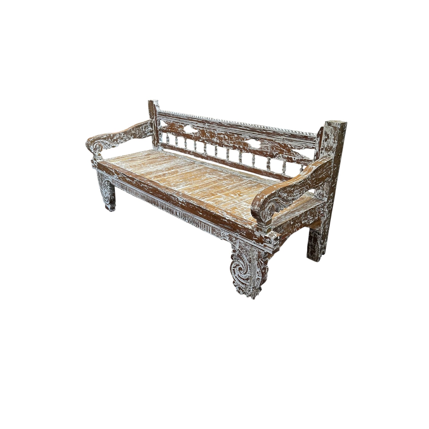 Handcrafted vintage carved wooden daybed featuring a distressed solid wood frame with ornate hand-carved legs, rolled arms, and a woven natural fiber seat, displayed on a white background.