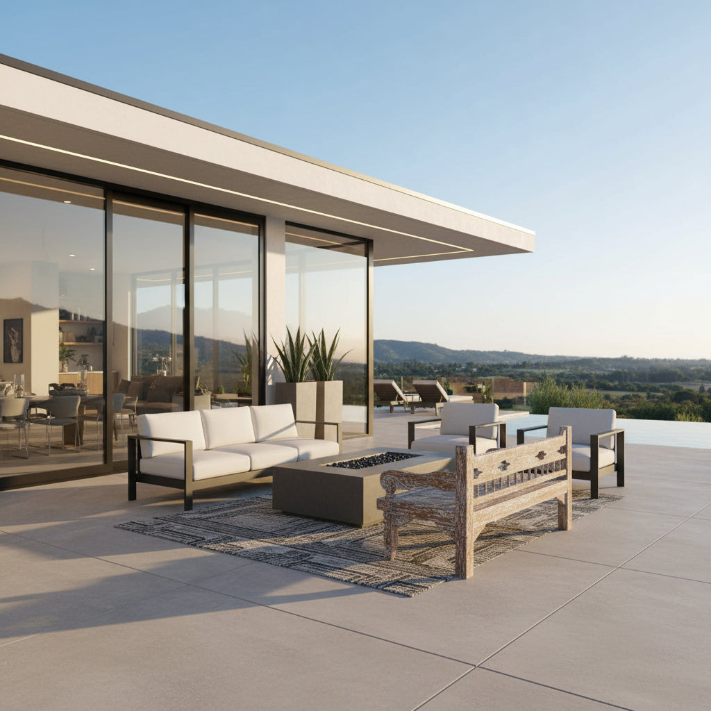Handcrafted vintage carved wooden daybed with an intricately detailed weathered wood frame and woven seat, styled on a luxury modern outdoor patio alongside contemporary lounge furniture and a fire pit overlooking scenic countryside views.