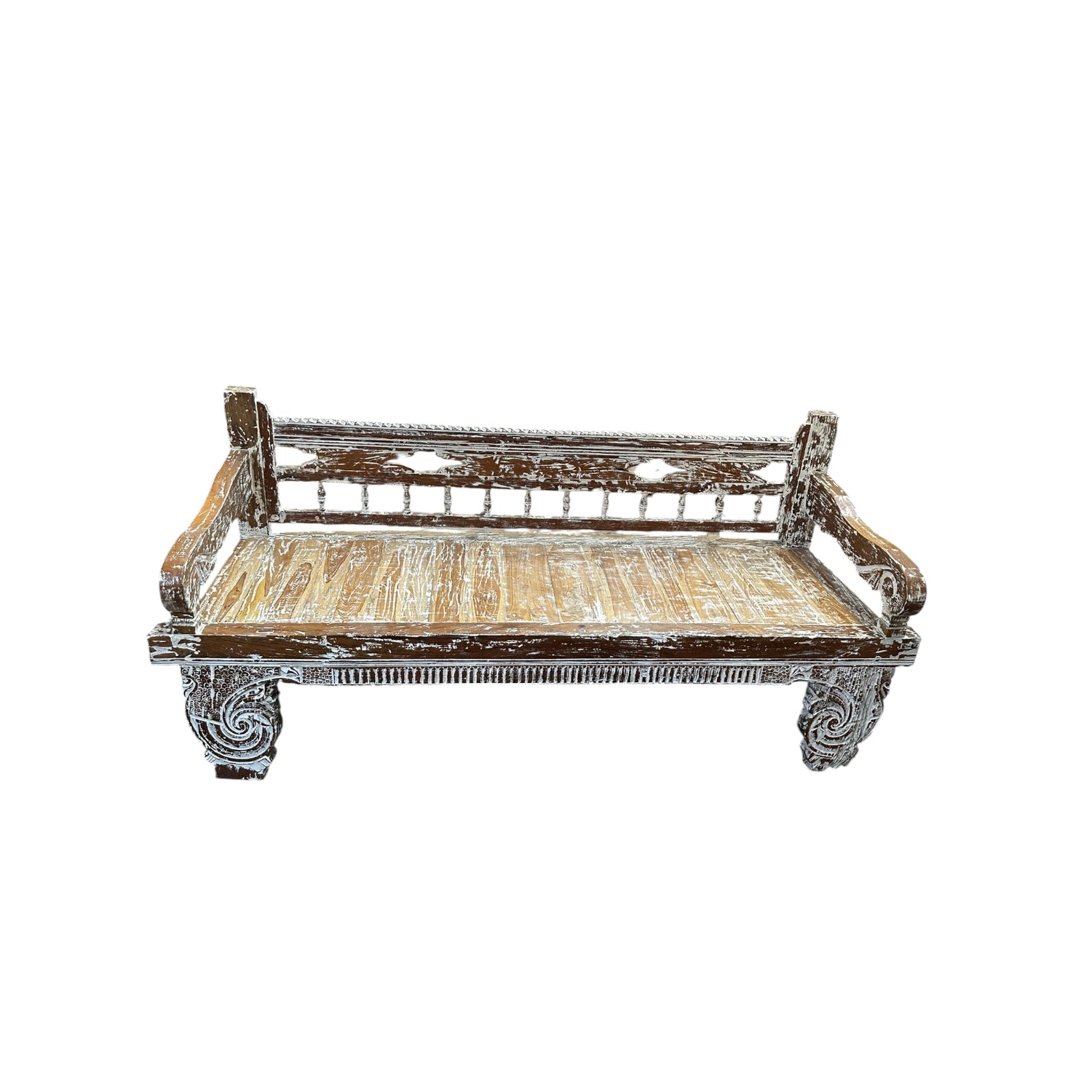 Handcrafted vintage carved wooden daybed featuring a distressed solid wood frame with ornate hand-carved legs, rolled arms, and a woven natural fiber seat, displayed on a white background.