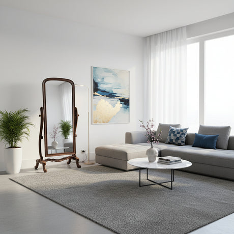 Walnut freestanding cheval floor mirror featuring an elegant arched wooden frame with an adjustable stand and full-length mirror. A timeless statement piece for bedrooms, dressing rooms, walk-in wardrobes, and living spaces, complementing modern, mid-century, Scandinavian, and contemporary interiors.