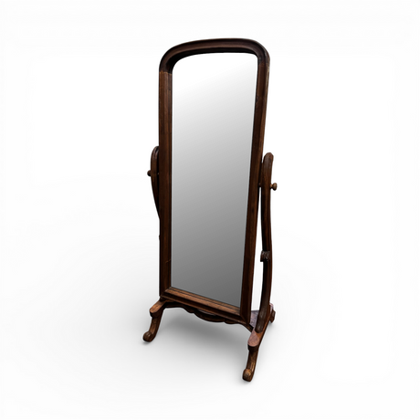 Walnut freestanding cheval floor mirror featuring a gracefully arched solid wood frame, adjustable tilt mechanism, and full-length mirror. This elegant dressing mirror is ideal for bedrooms, walk-in wardrobes, dressing rooms, and living spaces, complementing modern, Scandinavian, traditional, and contemporary interiors.