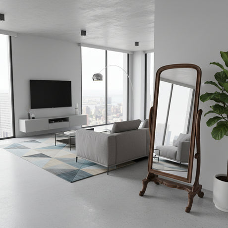 Walnut freestanding floor mirror featuring a beautifully curved wooden frame with an adjustable cheval stand. Ideal for bedrooms, dressing rooms, walk-in closets, and living spaces, this elegant full-length mirror complements modern, mid-century, Scandinavian, and contemporary interiors.