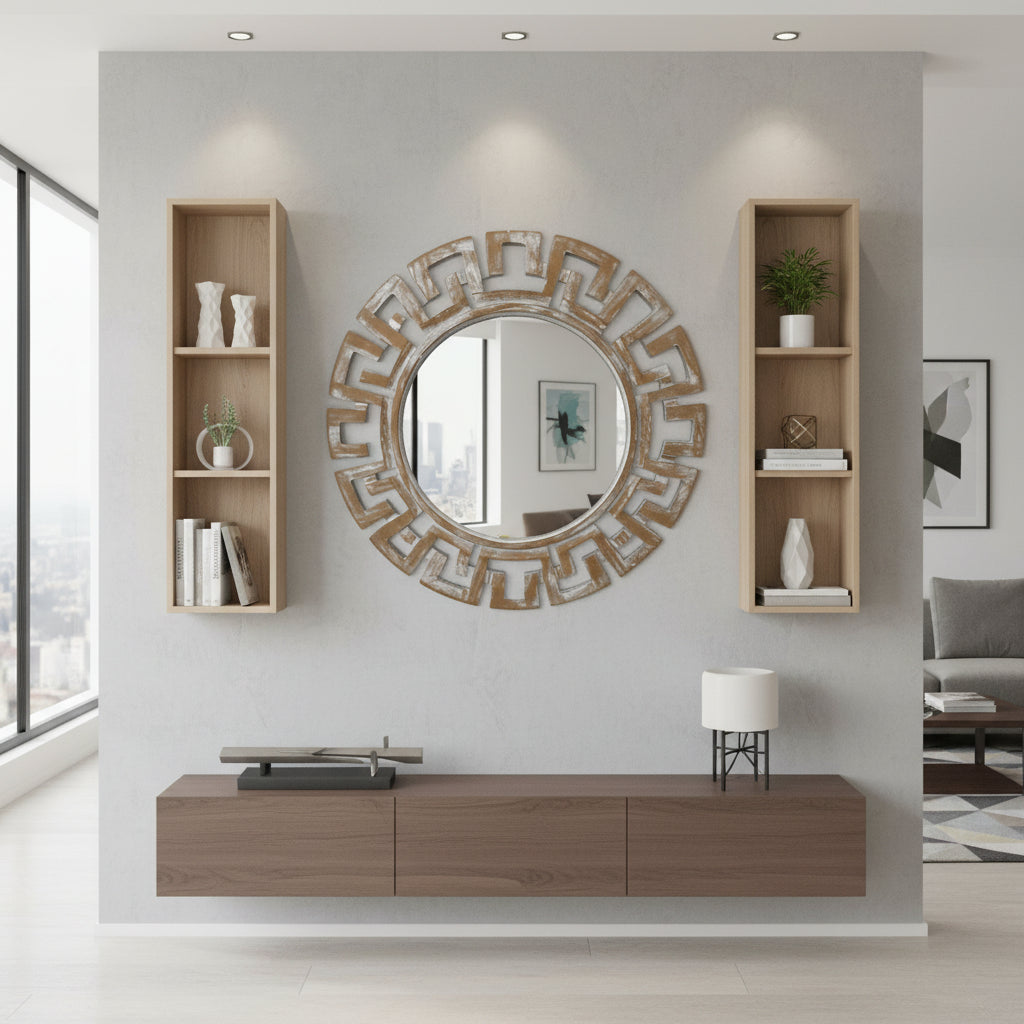 Round distressed wood geometric wall mirror with a Greek key-inspired frame, displayed above a floating wood console between two open shelving units in a contemporary living room.