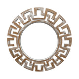 Round decorative wall mirror featuring a distressed natural wood geometric frame with a Greek key-inspired pattern, offering a modern rustic statement for contemporary interiors.
