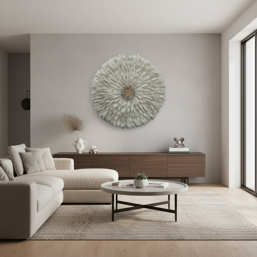 Modern living room with a decorative wall piece, sofa, and coffee table.