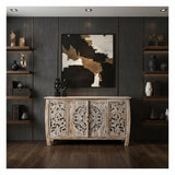 Elegant whitewashed wooden sideboard featuring four intricately carved cabinet doors with floral and medallion detailing, perfect for sophisticated interiors.
