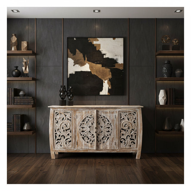 Elegant whitewashed wooden sideboard featuring four intricately carved cabinet doors with floral and medallion detailing, perfect for sophisticated interiors.
