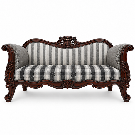 Elegant three-seater sofa featuring a hand-carved dark wood frame, rolled arms, and classic grey striped upholstery with a coordinating patterned seat cushion. A timeless statement sofa for traditional, luxury, and classic-inspired living rooms.