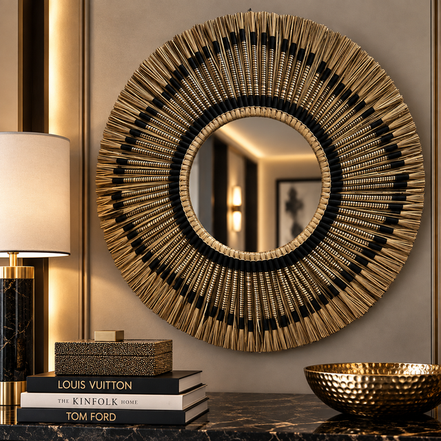 A large round wall mirror with a sunburst frame made of gold-toned rods and black accents, displayed in an elegant interior setting above a marble surface with books and a bowl.