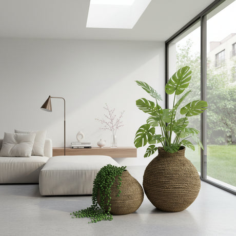 Set of two handcrafted woven natural fibre planters in rounded organic shapes, styled with lush green plants for a warm, contemporary interior.