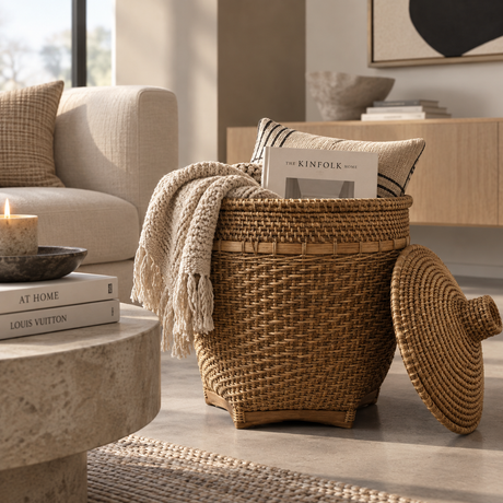A woven natural-fiber storage basket with a matching lid sits on a rug in a styled living room. A cream knit throw blanket and pillows are draped over the basket, which also contains books.