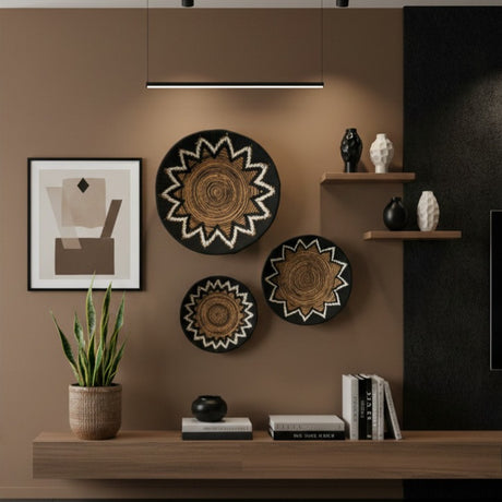 Decorative wall plates and shelves with books and a plant in a modern interior setting.
