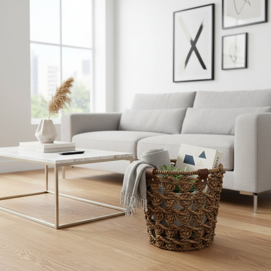 Handcrafted open-weave storage basket with brown leather handles, styled with a soft throw and books for elegant, practical home storage.
