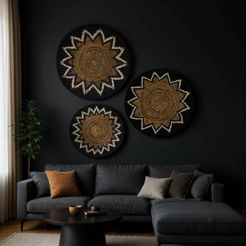 Flower Weave Wall Decorations |  Black, Natural Set of 3