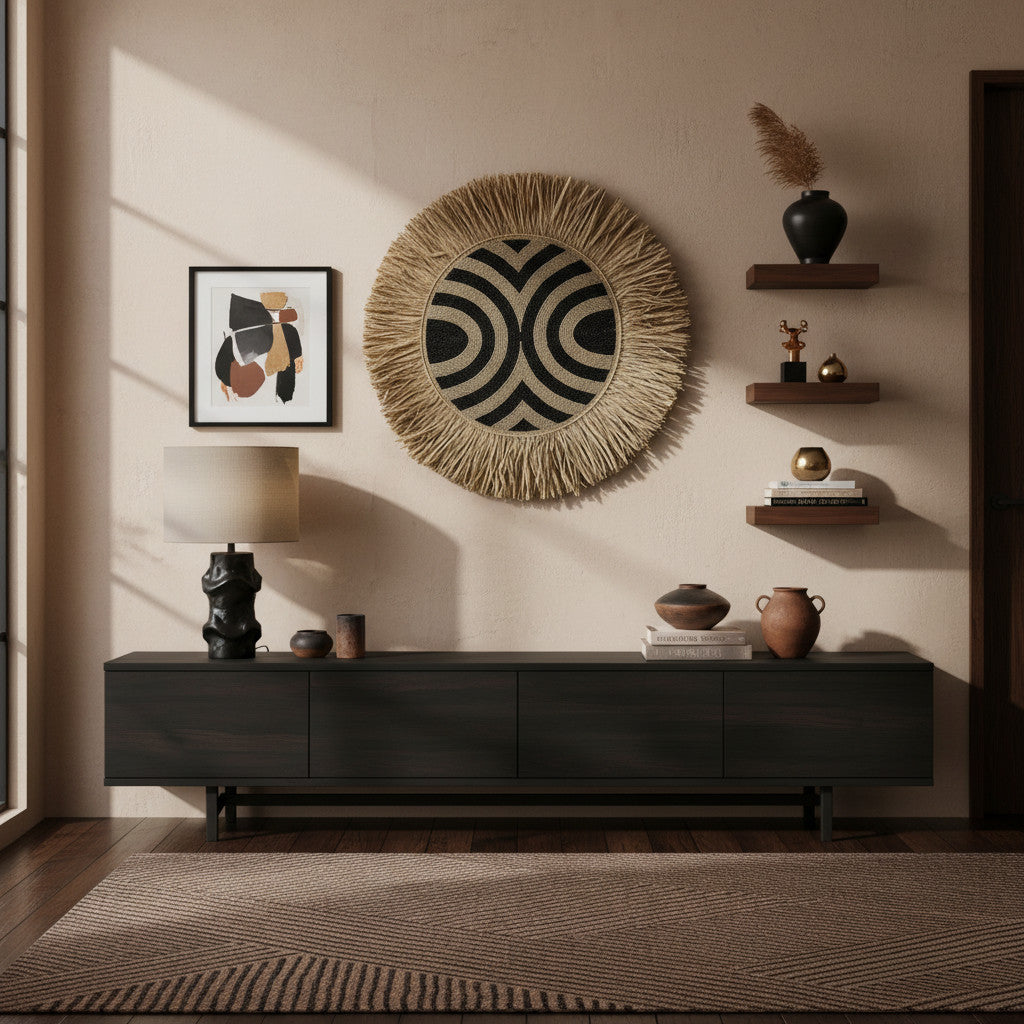 Beaded Geometric Wall Decoration | 70cm, Black & Natural