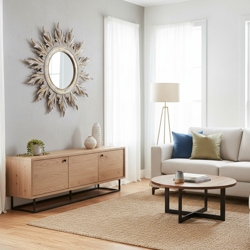 Wooden Sun Frame Mirror | Gold Washed