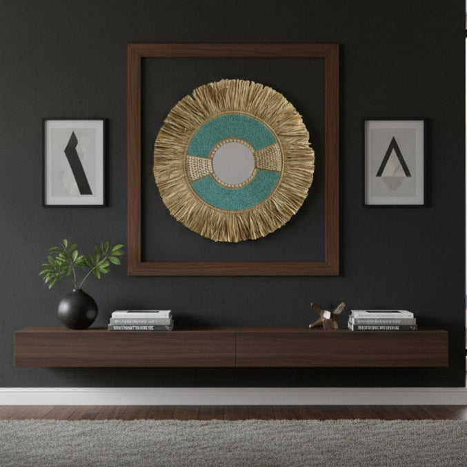 Natural Frame Mirror | Beaded Turquoise , Woven 70cm