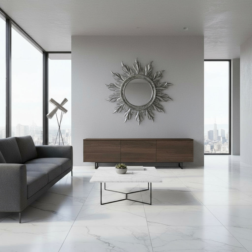 Wooden Sun Frame Mirror | Silver Washed