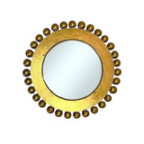 Decorative round wall mirror with an antique gold frame featuring raised beaded edging and a distressed metallic finish, adding timeless elegance and warmth to any interior.