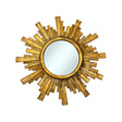 Decorative round wall mirror with an antique gold geometric sunburst frame featuring layered rectangular rays and a distressed metallic finish, perfect for elegant modern and classic interiors.