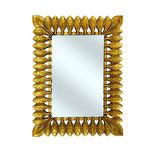 Decorative rectangular wall mirror with an ornate antique gold frame featuring hand-carved laurel leaf detailing, adding timeless elegance and a luxurious statement to any interior.