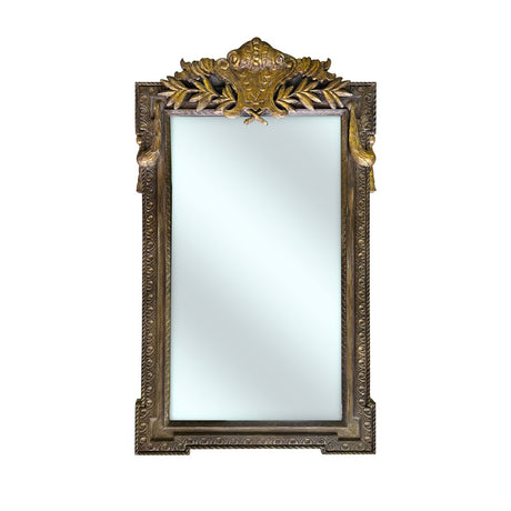 Elegant rectangular wall mirror with an antique gold frame, intricate carved detailing, and a decorative crest, perfect for classic and luxurious interiors.