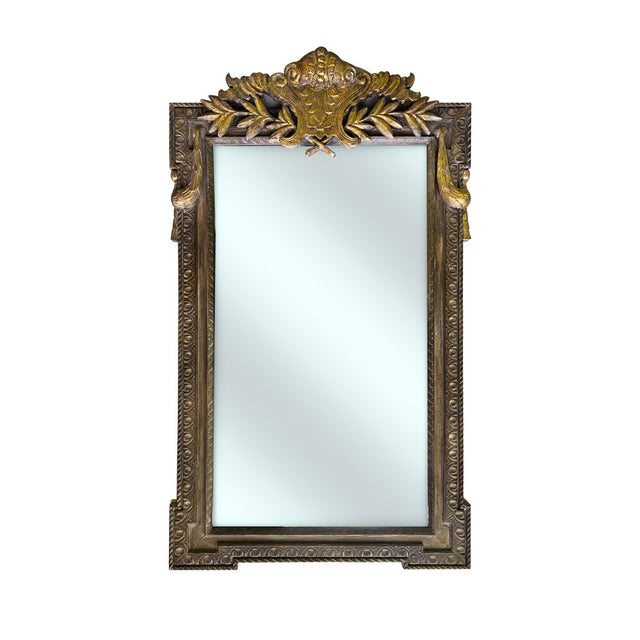 Elegant rectangular wall mirror with an antique gold frame, intricate carved detailing, and a decorative crest, perfect for classic and luxurious interiors.