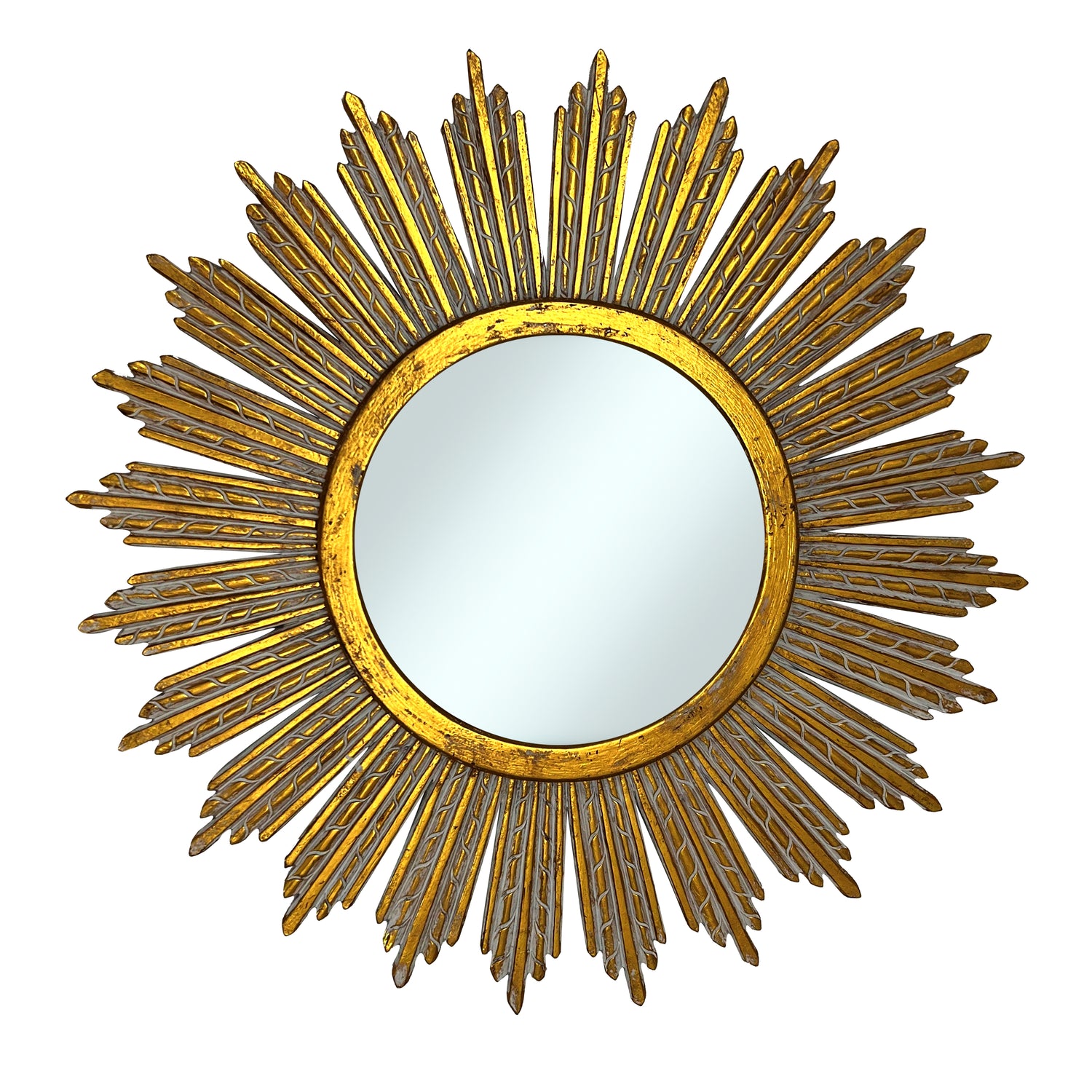 Decorative round wall mirror with an antique gold radiating sunburst frame featuring long textured rays and a distressed metallic finish, adding timeless elegance and a luxurious focal point to any interior.