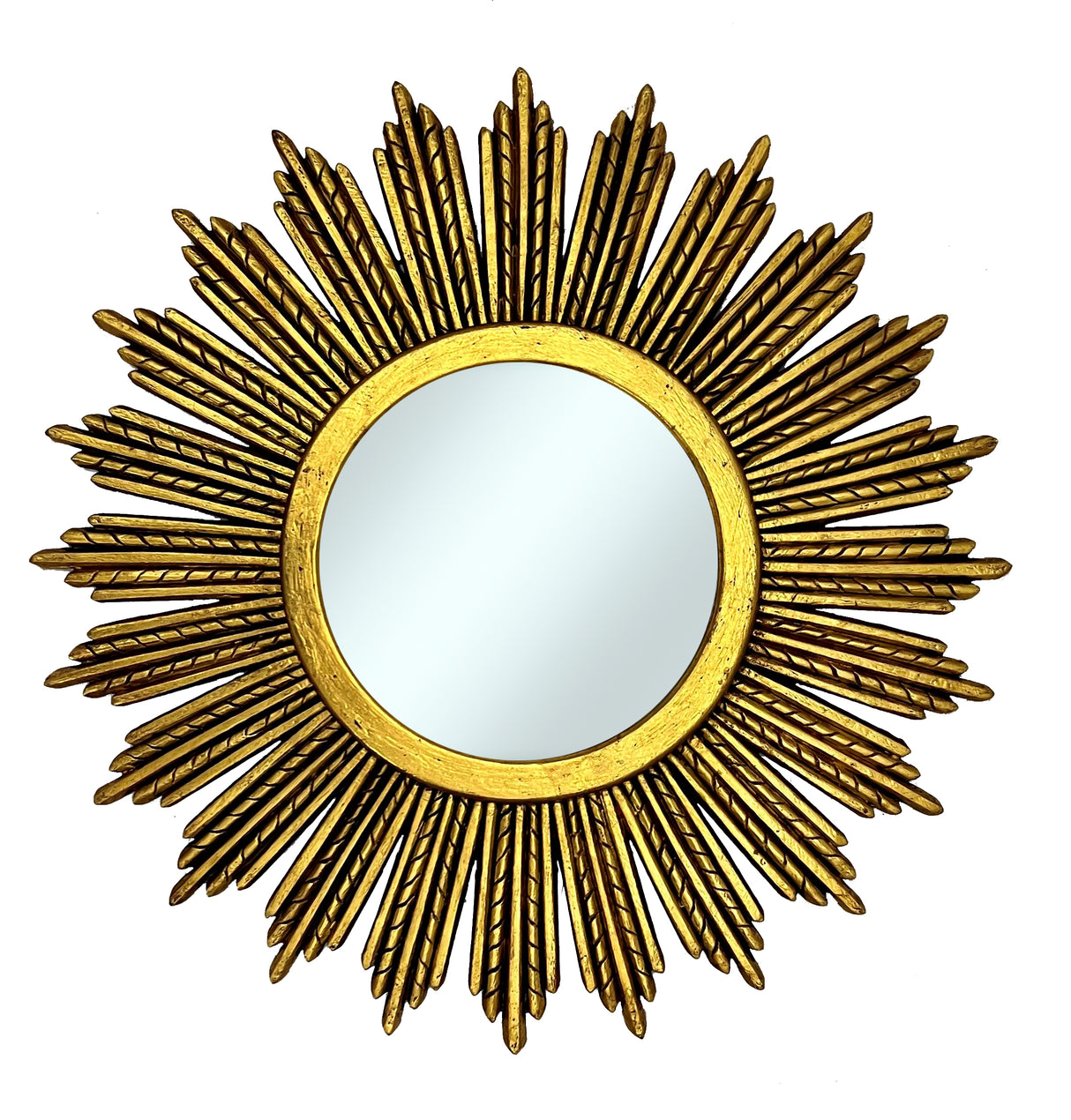 Decorative round wall mirror with an antique gold starburst frame featuring layered textured rays and a timeless luxury design, perfect for classic and contemporary interiors.