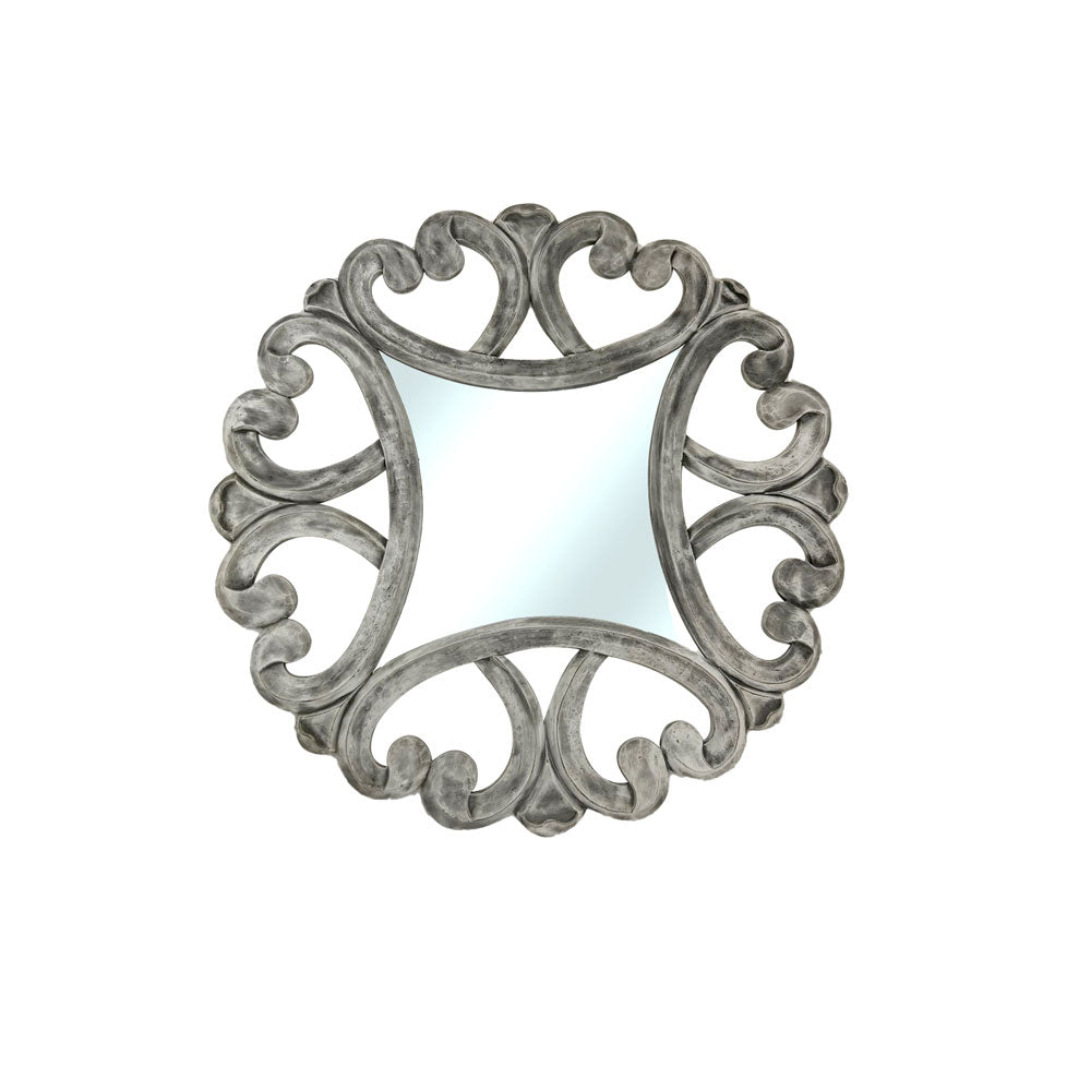 Decorative wall mirror with an antique silver frame featuring elegant open scrollwork and a distressed metallic finish, bringing timeless sophistication to classic and contemporary interiors.