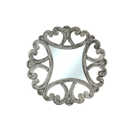 Decorative wall mirror with an antique silver frame featuring elegant open scrollwork and a distressed metallic finish, bringing timeless sophistication to classic and contemporary interiors.