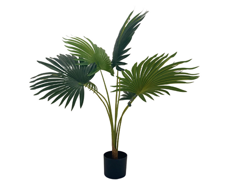 Artificial fan palm tree featuring lush green tropical foliage in a sleek black planter, perfect for adding a vibrant natural look and low-maintenance greenery to living rooms, offices, entryways, or commercial interiors.