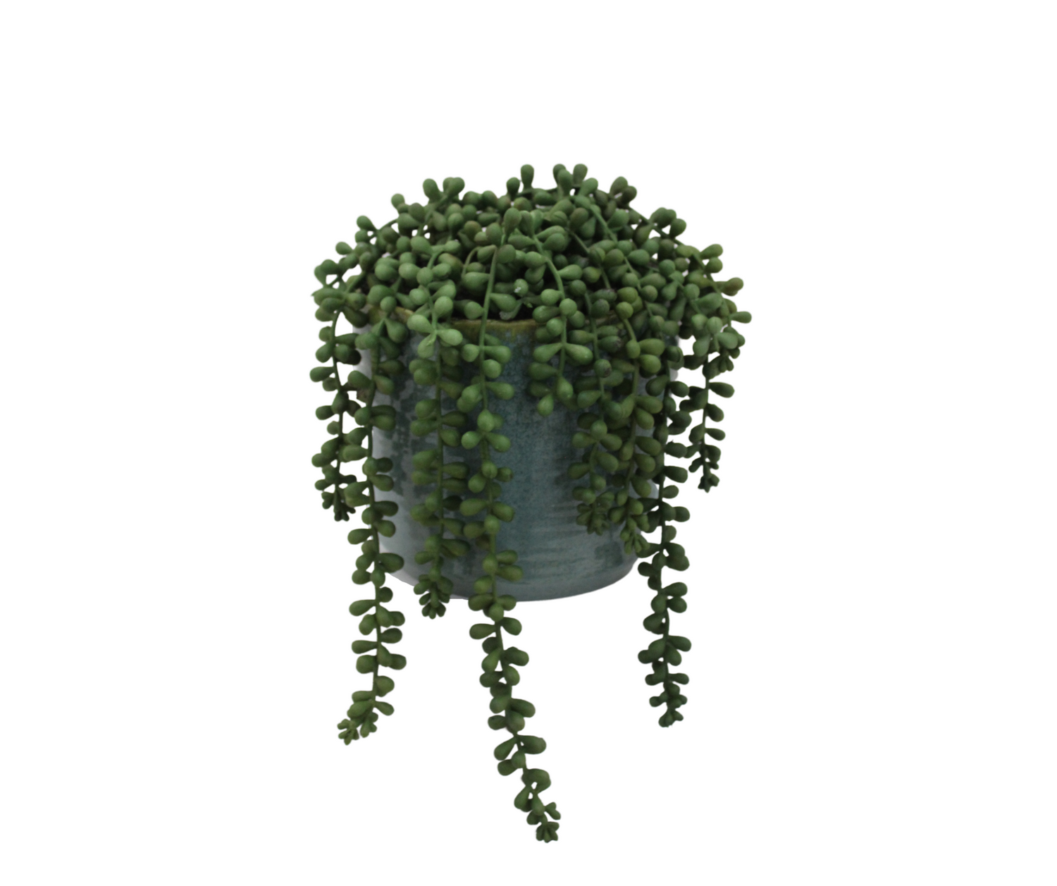 Artificial string of pearls plant with cascading green trailing foliage in a modern textured ceramic pot, perfect for adding low-maintenance greenery to shelves, tables, and contemporary interiors.
