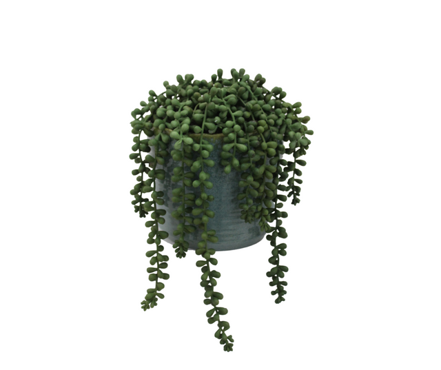 Artificial string of pearls plant with cascading green trailing foliage in a modern textured ceramic pot, perfect for adding low-maintenance greenery to shelves, tables, and contemporary interiors.