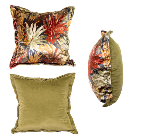Luxurious velvet scatter cushion featuring a vibrant botanical leaf print in rich shades of rust, terracotta, gold, cream, olive, and charcoal, with a soft olive-green velvet reverse. Perfect for adding warmth, texture, and contemporary elegance to sofas, armchairs, beds, boutique hotels, or modern interiors.