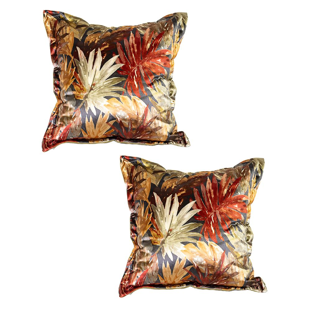Set of decorative velvet scatter cushions featuring a bold botanical leaf print in rich shades of rust, terracotta, gold, cream, olive, and charcoal. Perfect for adding warmth, texture, and luxurious seasonal style to sofas, armchairs, beds, boutique hotels, or contemporary interiors.