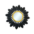 Decorative round wall mirror with a matte black feather-inspired frame and an antique gold inner border, creating a bold contemporary statement with luxurious contrast.