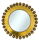 Decorative round wall mirror with a brushed antique gold frame featuring raised beaded edging and a warm metallic finish, bringing timeless elegance to classic and contemporary interiors.