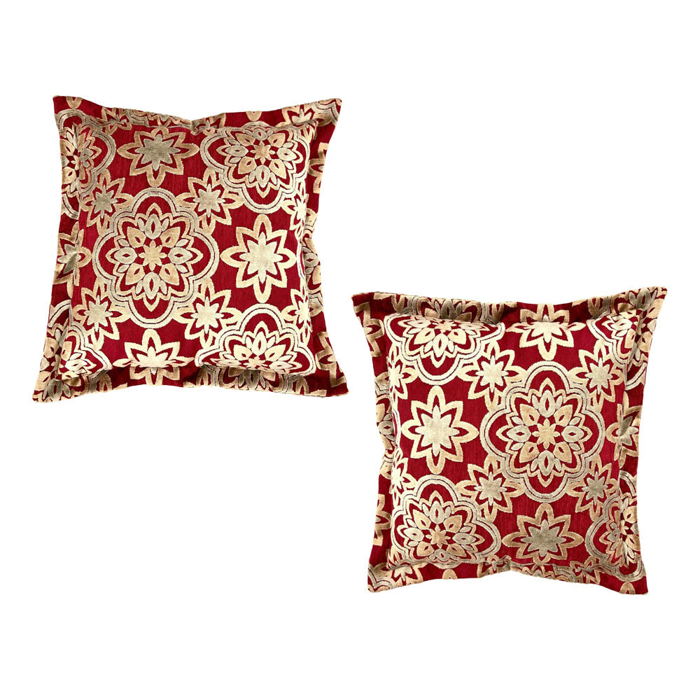 Set of two luxury square scatter cushions featuring an elegant burgundy and cream floral damask pattern with a soft woven finish, perfect for adding timeless sophistication to sofas, armchairs, or beds.