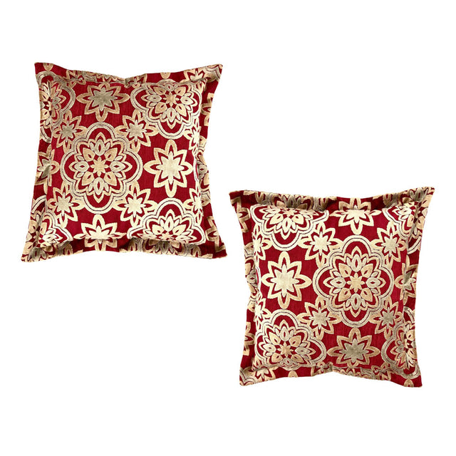 Set of two luxury square scatter cushions featuring an elegant burgundy and cream floral damask pattern with a soft woven finish, perfect for adding timeless sophistication to sofas, armchairs, or beds.