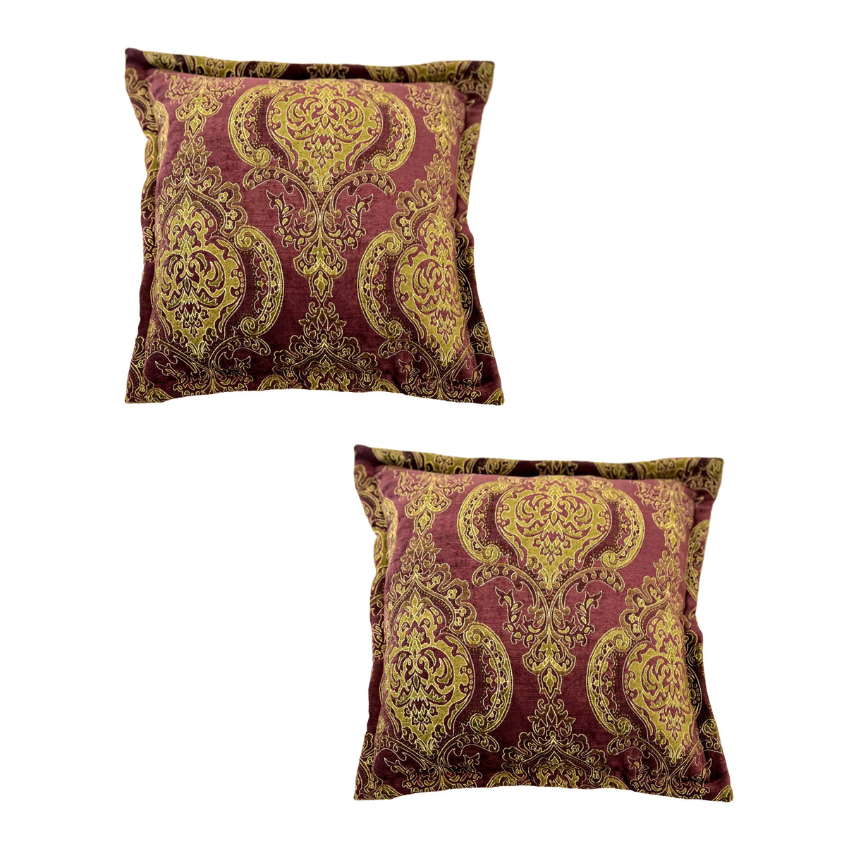 Set of two luxury square scatter cushions featuring an elegant burgundy and antique gold paisley pattern with a richly woven finish, perfect for adding classic sophistication and warmth to sofas, armchairs, or beds.